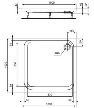 CONCEPT 100 sprchová vanička 100x100 cm, akrylát, bez nožiček K864701 Technický nákres