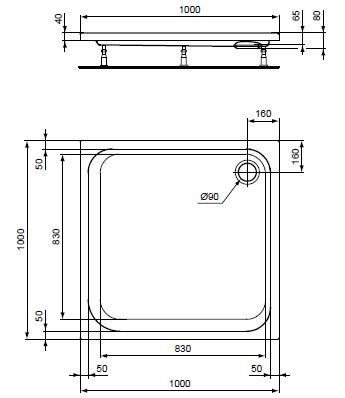 CONCEPT 100 sprchová vanička 100x100 cm, akrylát, bez nožiček K864701 Technický nákres