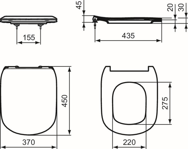 IDEAL STANDARD TESI WC sedátko Ultra Slim, SoftClose, bílá T352701 Technický nákres