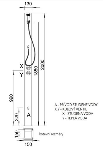 AZP BRNO solární sprchový sloup, nerez SPS 02 Technický nákres
