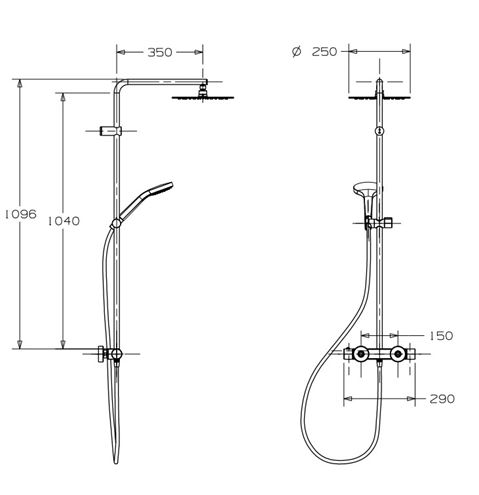 CONCEPT 200 sprchový set s termostatickou baterií, horní sprcha, ruční sprcha se 3 proudy, tyč, hadice, chrom PM10076/CO Technický nákres