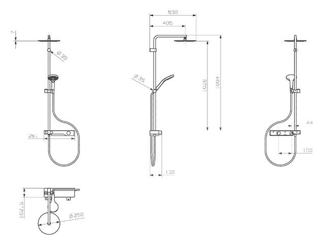 CONCEPT 200 sprchový set s termostatickou baterií, horní sprcha, ruční sprcha se 3 proudy, tyč, hadice, chrom PM10144/CO Technický nákres