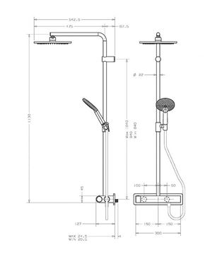 CONCEPT 300 sprchový set s termostatickou baterií, horní sprcha, ruční sprcha se 3 proudy, tyč, hadice, chrom PM10021/CO Technický nákres