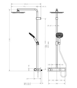 CONCEPT 300 sprchový set s termostatickou baterií, horní sprcha, ruční sprcha se 3 proudy, tyč, hadice, chrom PM10022/CO Technický nákres