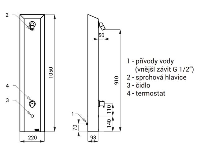 SANELA termostatický sprchový panel se senzorem, napájení ze sítě, nerez SLSN 02ET Technický nákres