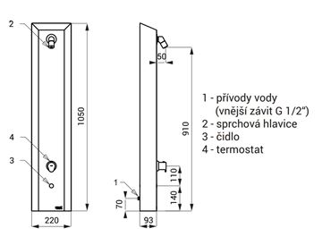 SANELA termostatický sprchový panel se senzorem, napájení ze sítě, nerez SLSN 02ET Technický nákres