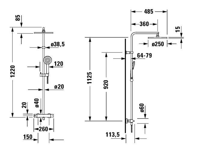 DURAVIT B.2 sprchový set s termostatickou baterií, horní sprcha, ruční sprcha, tyč, hadice, chrom B24280008010 Technický nákres