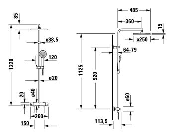 DURAVIT B.2 sprchový set s termostatickou baterií, horní sprcha, ruční sprcha, tyč, hadice, chrom B24280008010 Technický nákres
