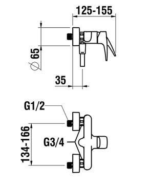 LAUFEN LAURIN sprchový set s baterií, ruční sprcha, hadice, chrom HF500750100600 Technický nákres