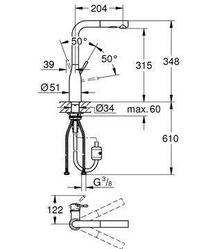 GROHE ESSENCE NEW dřezová baterie, s vytahovací sprškou, kartáčovaný cool sunrise 30270GN0 Technický nákres