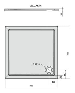 POLYSAN sprchová vanička 90x90 cm, litý mramor, bez nožiček 43511 Technický nákres