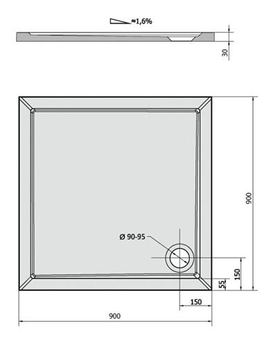 POLYSAN sprchová vanička 90x90 cm, litý mramor, bez nožiček 43511 Technický nákres
