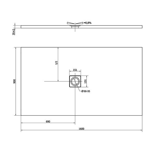 POLYSAN FLEXIA sprchová vanička 160x90 cm, litý mramor, bez nožiček 71539 Technický nákres
