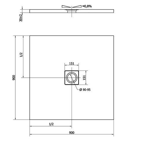 POLYSAN FLEXIA sprchová vanička 90x90 cm, litý mramor, bez nožiček 71546 Technický nákres