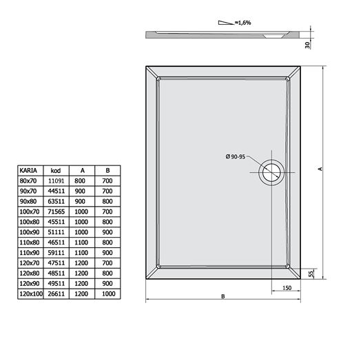 POLYSAN KARIA sprchová vanička 120x100 cm, litý mramor, bez nožiček 26611 Technický nákres