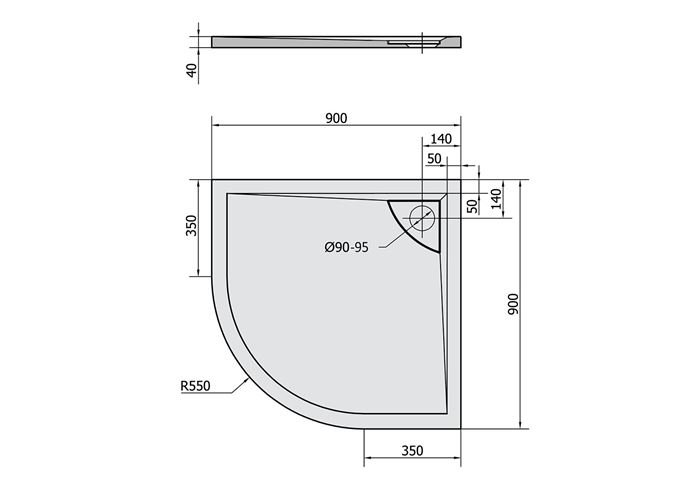 POLYSAN LUSSA sprchová vanička 90x90 cm, R550, litý mramor, bez nožiček 71602 Technický nákres