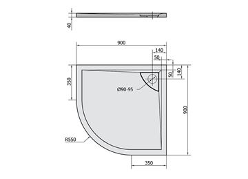 POLYSAN LUSSA sprchová vanička 90x90 cm, R550, litý mramor, bez nožiček 71602 Technický nákres