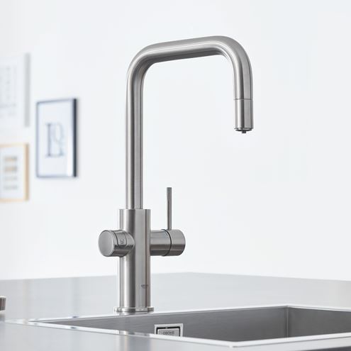 GROHE BLUE HOME dřezová elektronická baterie, s vytahovací koncovkou, s filtračním a chladícím zařízením, Bluetooth, napájení ze sítě, supersteel 31543DC0 Obrázek - fotka