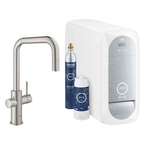 GROHE BLUE HOME dřezová elektronická baterie, s vytahovací koncovkou, s filtračním a chladícím zařízením, Bluetooth, napájení ze sítě, supersteel 31543DC0 Obrázek - Hlavní obrázek