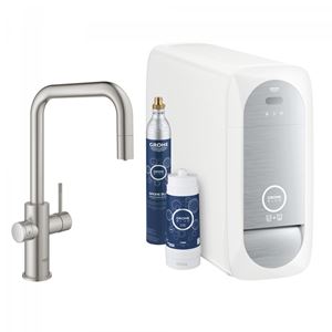 GROHE BLUE HOME dřezová elektronická baterie, s vytahovací koncovkou, s filtračním a chladícím zařízením, Bluetooth, napájení ze sítě, supersteel