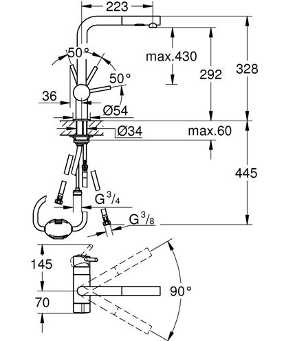 GROHE MINTA dřezová baterie, s vytahovací sprškou, kartáčovaný cool sunrise 31558GN0 Technický nákres