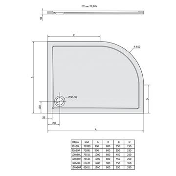 POLYSAN RENA R sprchová vanička 100x80 cm, R550, litý mramor, bez nožiček 76511 Technický nákres