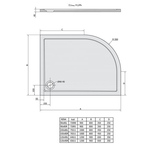 POLYSAN RENA R sprchová vanička 120x90 cm, R550, litý mramor, bez nožiček 65611 Technický nákres
