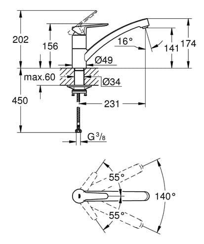 GROHE BAUECO dřezová baterie, chrom 31680000 Technický nákres
