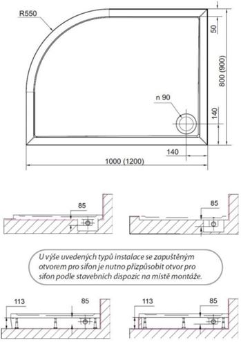 POLYSAN RENA L sprchová vanička 80x90 cm, R550, litý mramor, bez nožiček 72890 Technický nákres