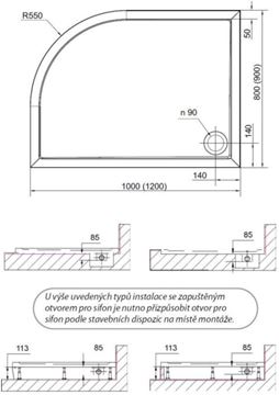 POLYSAN RENA L sprchová vanička 80x90 cm, R550, litý mramor, bez nožiček 72890 Technický nákres