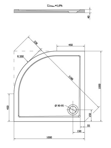 POLYSAN SERA 100 sprchová vanička 100x100 cm, R550, litý mramor, bez nožiček 62111 Technický nákres