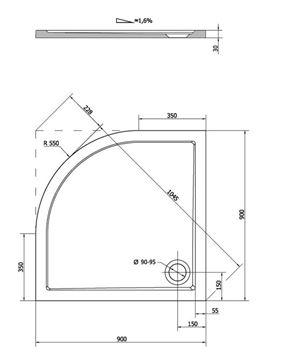 POLYSAN SERA 90 sprchová vanička 90x90 cm, R550, litý mramor, bez nožiček 41511 Technický nákres