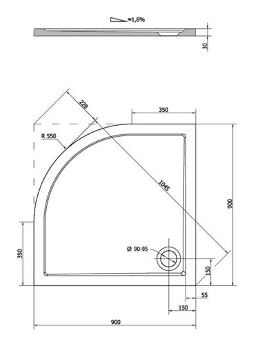 POLYSAN SERA 90 sprchová vanička 90x90 cm, R550, litý mramor, bez nožiček 41511 Technický nákres