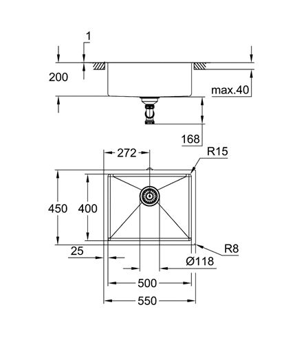 GROHE K700 60-S 54.4/44.4 1.0 nerezový dřez 550x450 mm 31574SD1 Technický nákres