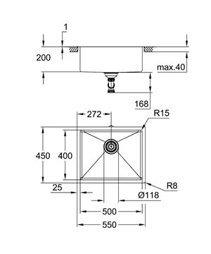GROHE K700 60-S 54.4/44.4 1.0 nerezový dřez 550x450 mm 31574SD1 Technický nákres