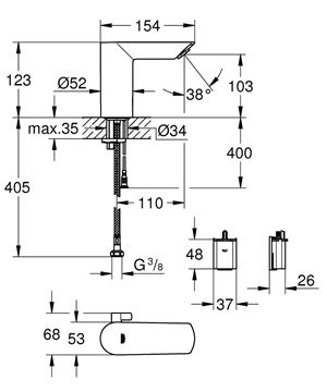 GROHE BAU COSMOPOLITAN E umyvadlová senzorová baterie s regulací teploty, napájení z baterie, Water Saving, chrom 36451000 Technický nákres