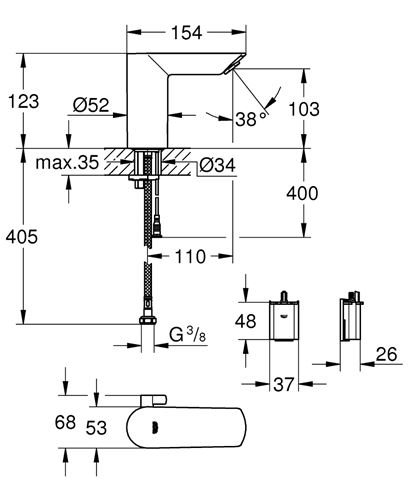 GROHE BAU COSMOPOLITAN E umyvadlová senzorová baterie s regulací teploty, napájení z baterie, Water Saving, chrom 36451000 Technický nákres