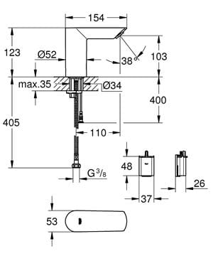 GROHE BAU COSMOPOLITAN E umyvadlová senzorová baterie pro jednu vodu, napájení z baterie, Water Saving, chrom 36452000 Technický nákres