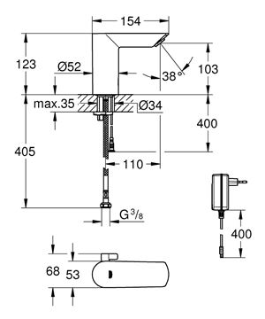 GROHE BAU COSMOPOLITAN E umyvadlová senzorová baterie s regulací teploty, napájení ze sítě, Water Saving, chrom 36453000 Technický nákres