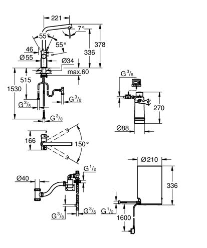 GROHE RED DUO dřezová elektronická baterie, s ohřevem, velikost M, GROHE ChildLock, napájení ze sítě, chrom 30083001 Technický nákres