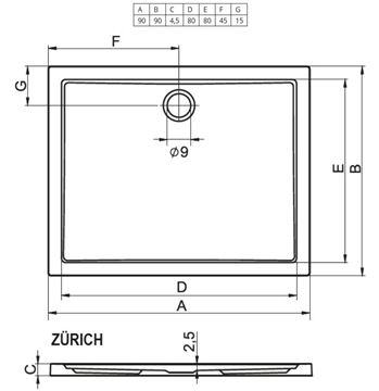 RIHO ZÜRICH 250 sprchová vanička 90x90 cm, akrylát, bez nožiček D001007005 Technický nákres