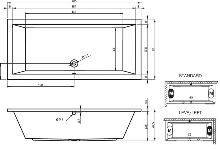 RIHO LUSSO vana 200x90 cm, bez nožiček, akrylát B016001005 Technický nákres