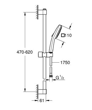 GROHE TEMPESTA CUBE 110 sprchová souprava 3-dílná, ruční sprcha 110x110 mm, 2 proudy, hadice, tyč, Water Saving, matná černá 267482433 Technický nákres
