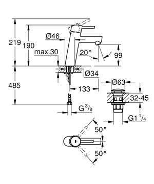 GROHE CONCETTO umyvadlová stojánková baterie, s odtokovou soupravou, Water Saving, chrom 23932001 Technický nákres