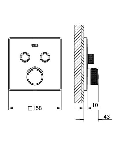 GROHE GROHTHERM SMARTCONTROL podomítková termostatická baterie, pro 2 spotřebiče, Water Saving, kartáčovaný hard graphite 29124AL0 Technický nákres
