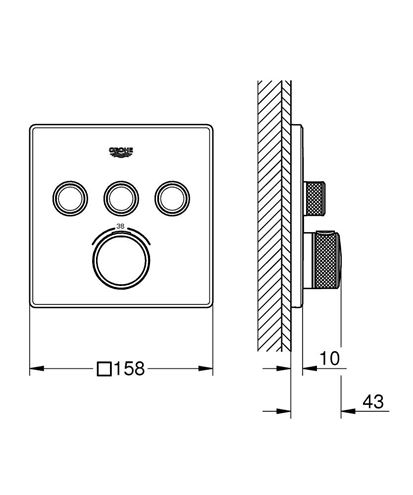 GROHE GROHTHERM SMARTCONTROL podomítková termostatická baterie, pro 3 spotřebiče, Water Saving, kartáčovaný hard graphite 29126AL0 Technický nákres