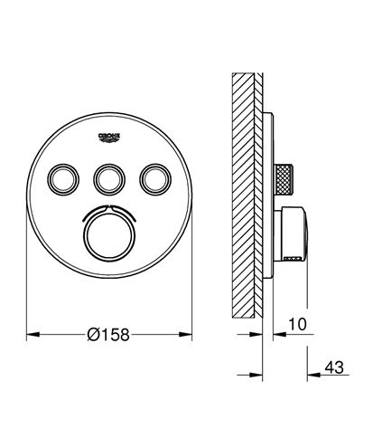 GROHE GROHTHERM SMARTCONTROL podomítková termostatická baterie, pro 3 spotřebiče, Water Saving, chrom 29146000 Technický nákres