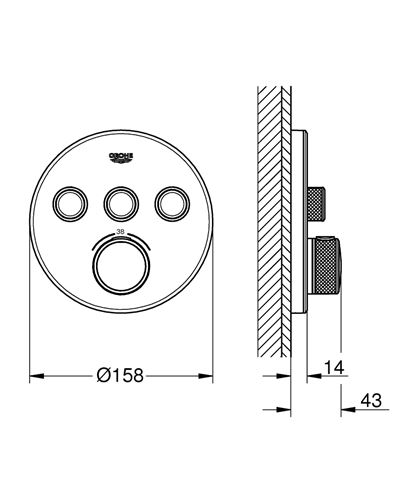 GROHE GROHTHERM SMARTCONTROL podomítková termostatická baterie, pro 3 spotřebiče, Water Saving, měsíčně bílá 29904LS0 Technický nákres