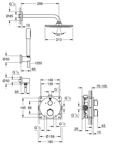 GROHE GROHTHERM sprchový set s podomítkovou termostatickou baterií, horní sprcha, ruční sprcha, hadice, kolínko, držák, chrom 34732000 Technický nákres