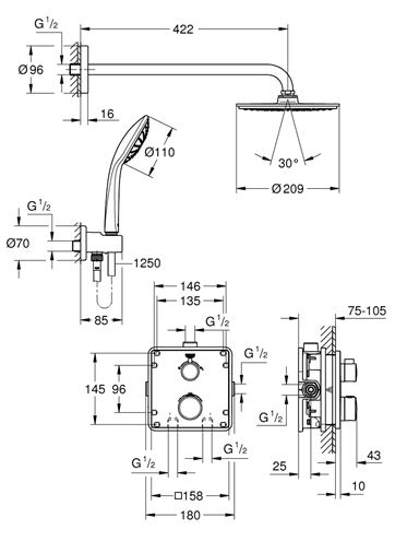 GROHE GROHTHERM sprchový set s podomítkovou termostatickou baterií, horní sprcha, ruční sprcha, hadice, držák, chrom 34734000 Technický nákres